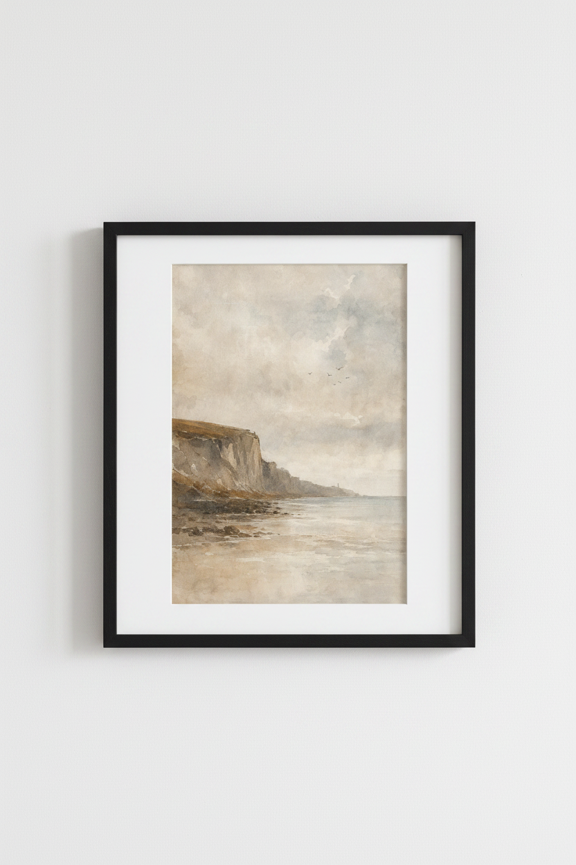 Coastal Cliff Landscape | Vintage Watercolor, Neutral Beach House Decor Poster