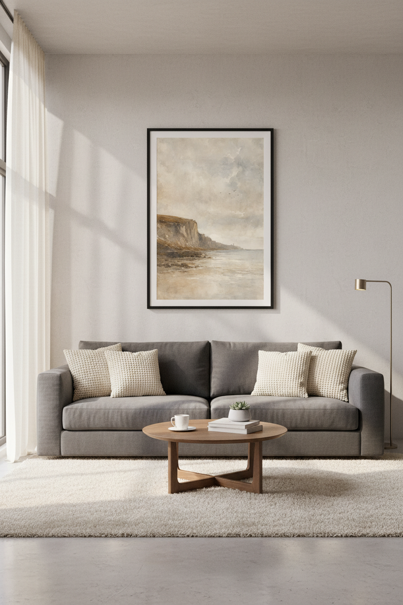 Coastal Cliff Landscape | Vintage Watercolor, Neutral Beach House Decor Poster