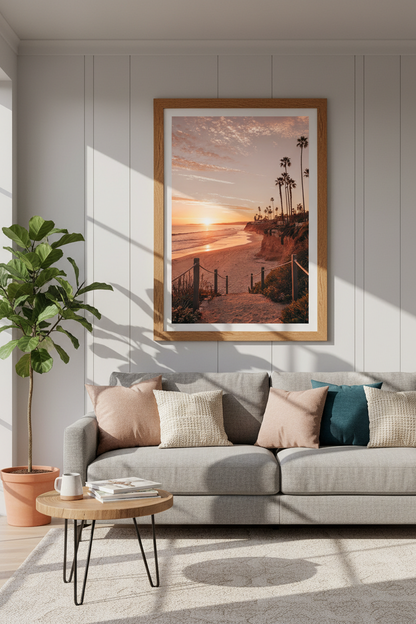 Coastal Sunset Beach Wall Art | California Palm Tree Print, Modern Boho Decor