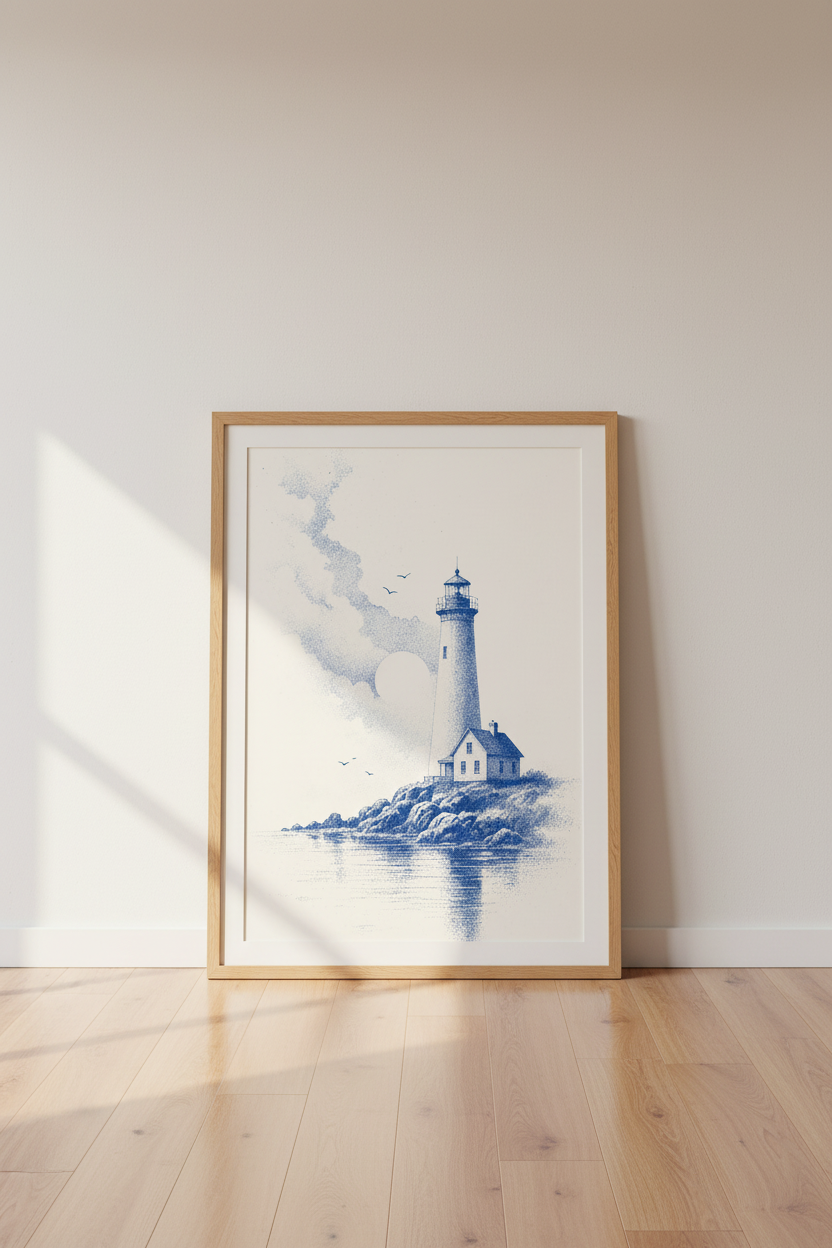 Lighthouse Stipple Art Print | Blue Nautical Coastal Decor | Maritime Poster