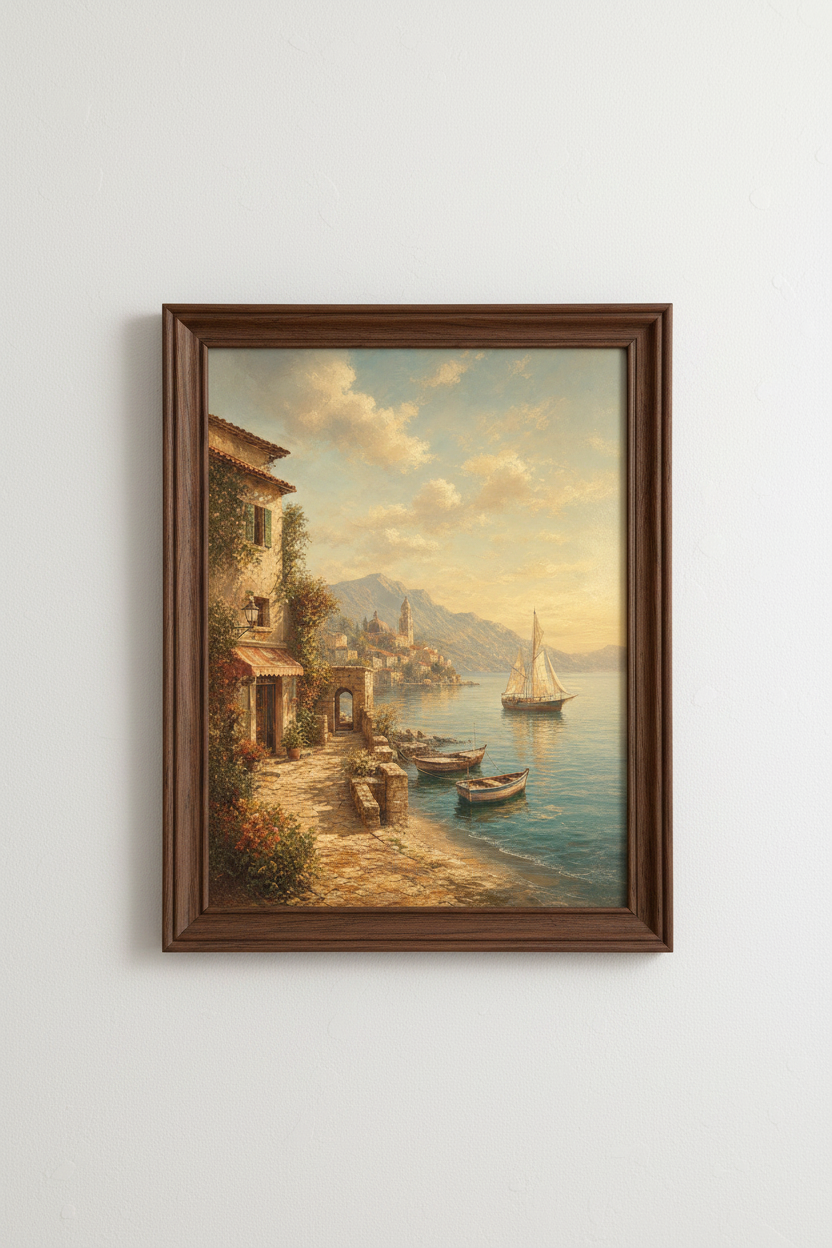 Seascape Ocean Vista | Impressionist Coastal Village Wall Art Print | Living Room Decor