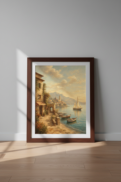 Seascape Ocean Vista | Impressionist Coastal Village Wall Art Print | Living Room Decor