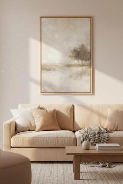 Misty Tree Landscape | Beige Minimalist Art, Neutral Modern Living Room Decor