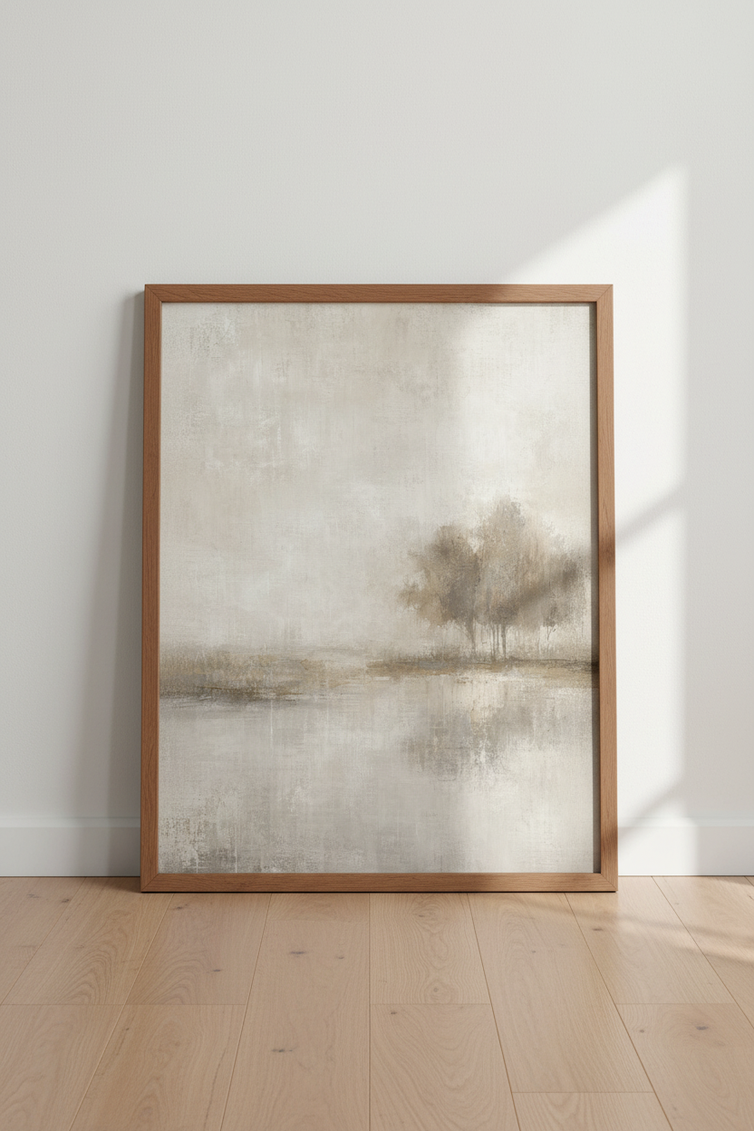Misty Tree Landscape | Beige Minimalist Art, Neutral Modern Living Room Decor