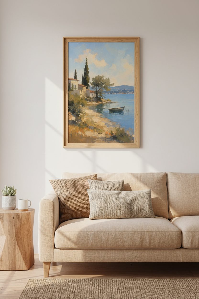 Coastal Landscape Art Print | Mediterranean Seaside Decor, Impressionist Poster