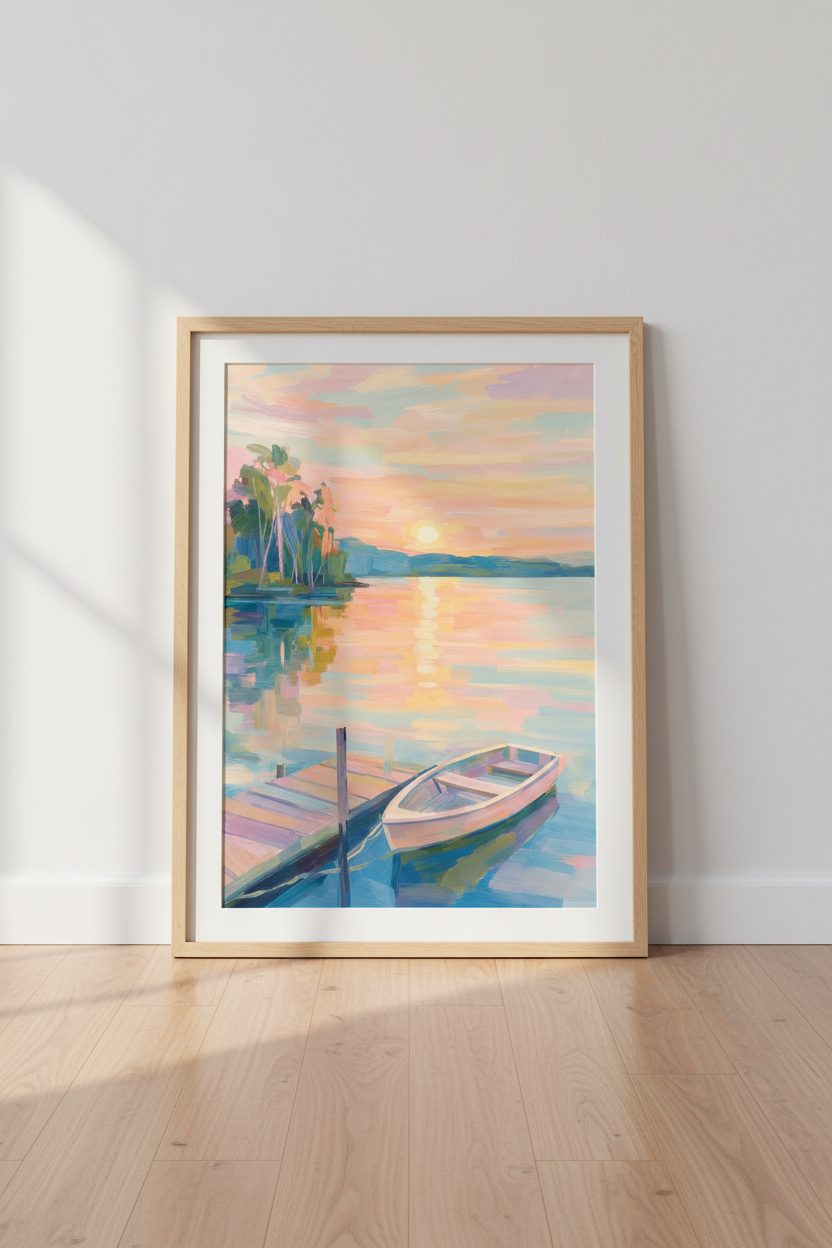 Impressionist Lake Sunset Wall Art | Pastel Pink Coastal Decor | Rowboat Poster