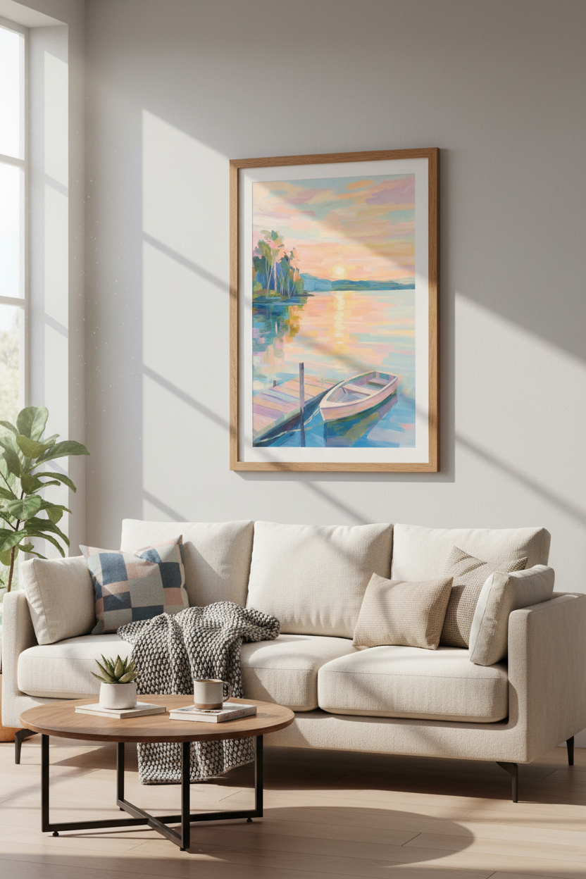 Impressionist Lake Sunset Wall Art | Pastel Pink Coastal Decor | Rowboat Poster