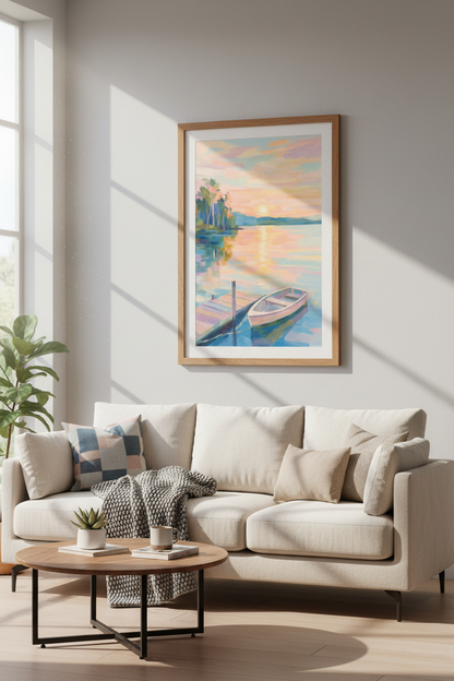 Impressionist Lake Sunset Wall Art | Pastel Pink Coastal Decor | Rowboat Poster