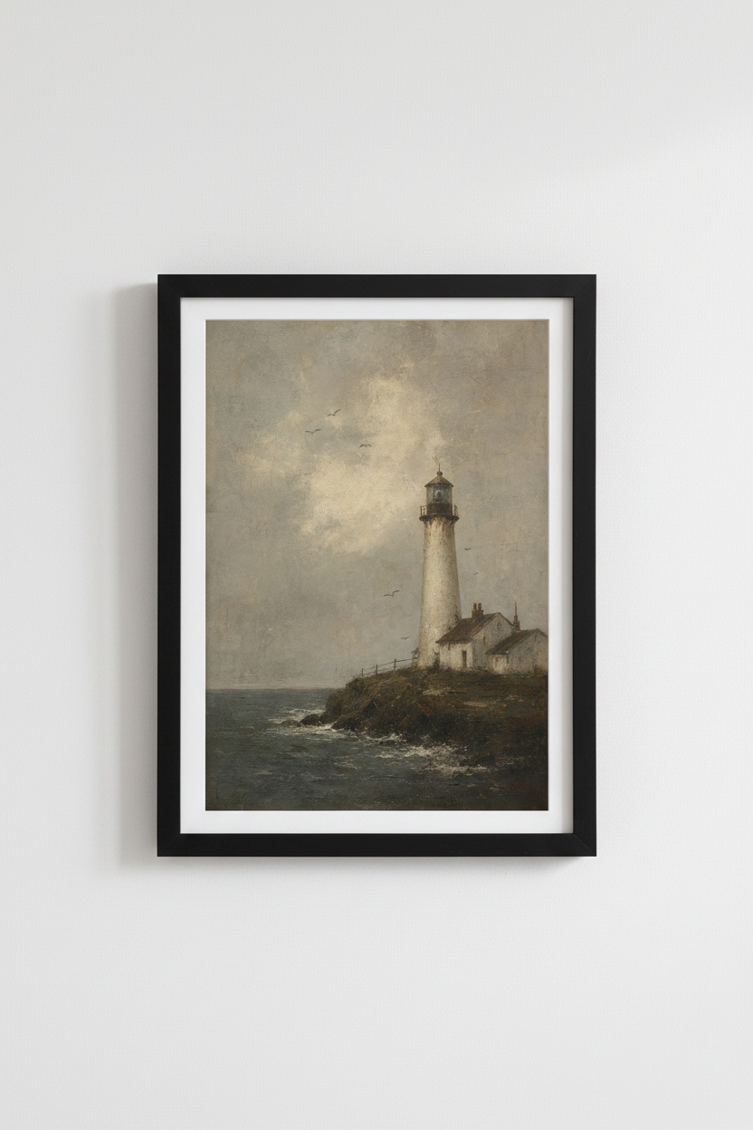 Lighthouse Oil Painting | Vintage Coastal Moody Landscape, Nautical Wall Art