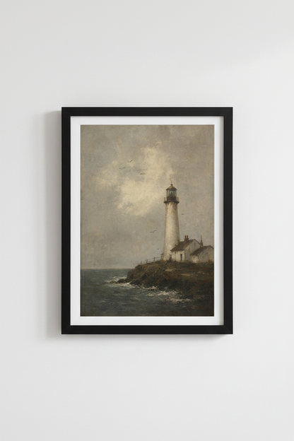 Lighthouse Oil Painting | Vintage Coastal Moody Landscape, Nautical Wall Art