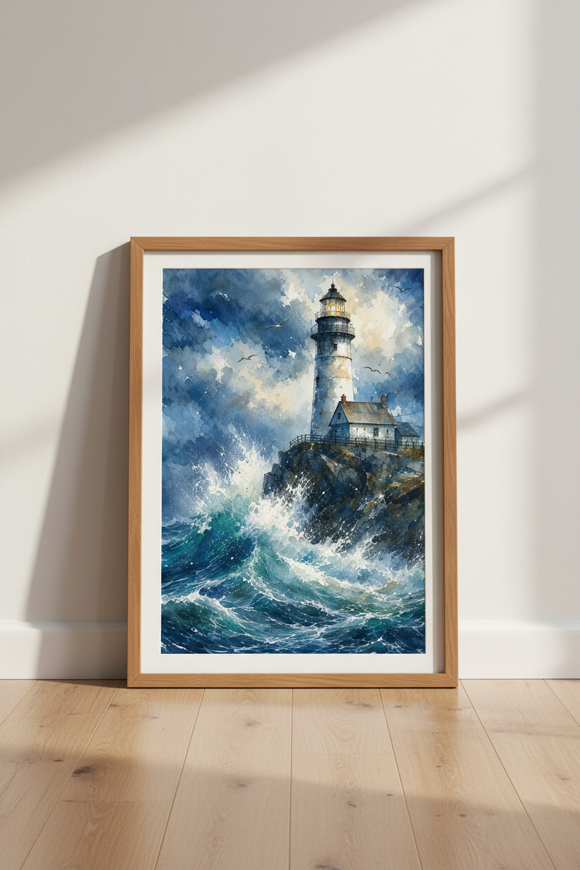 Lighthouse Watercolor | Blue Coastal Ocean Waves, Bathroom &amp; Living Room Wall Art