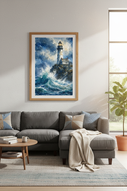Lighthouse Watercolor | Blue Coastal Ocean Waves, Bathroom &amp; Living Room Wall Art