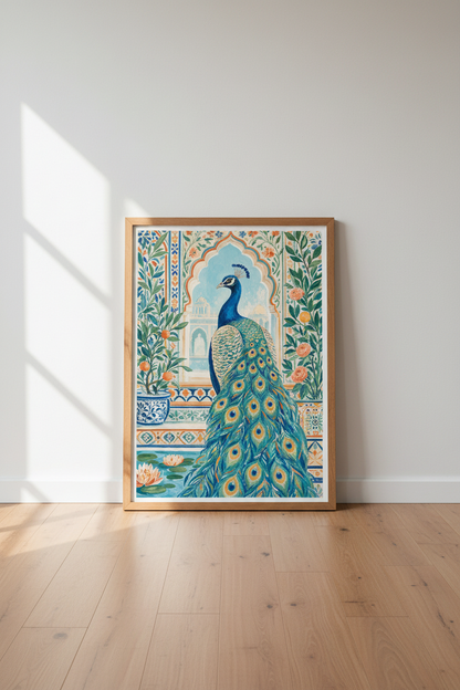 Indian Peacock Wall Art | Teal &amp; Orange Folk Art, Palace Garden Decor