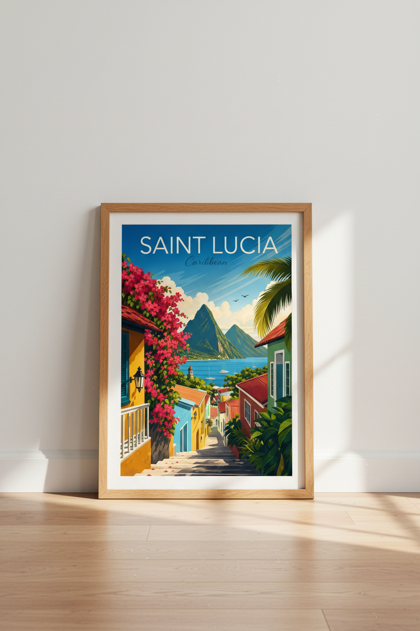 Saint Lucia Caribbean Wall Art Print | Tropical Travel Decor | Retro Beach Poster