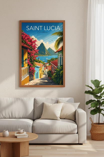 Saint Lucia Caribbean Wall Art Print | Tropical Travel Decor | Retro Beach Poster