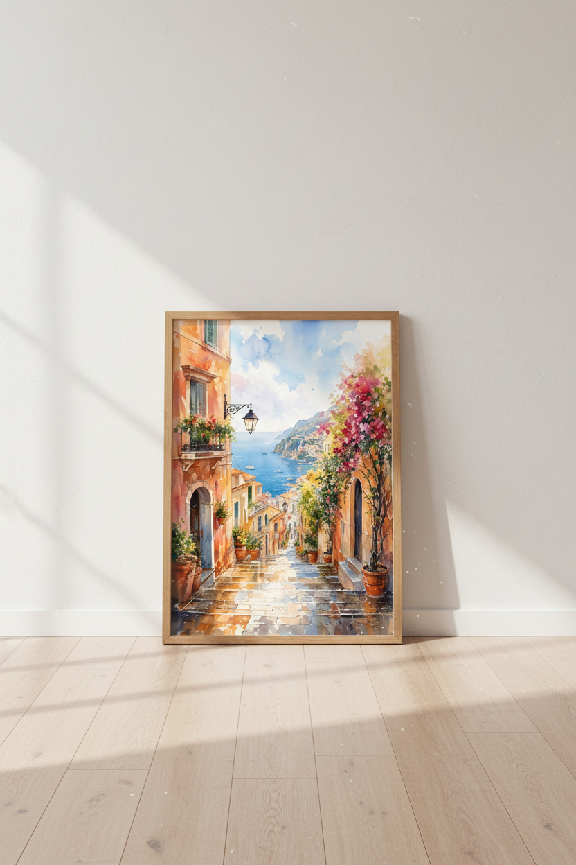 Amalfi Coast Italy Watercolor Art | Mediterranean Coastal Decor | Sun-Kissed Travel Poster