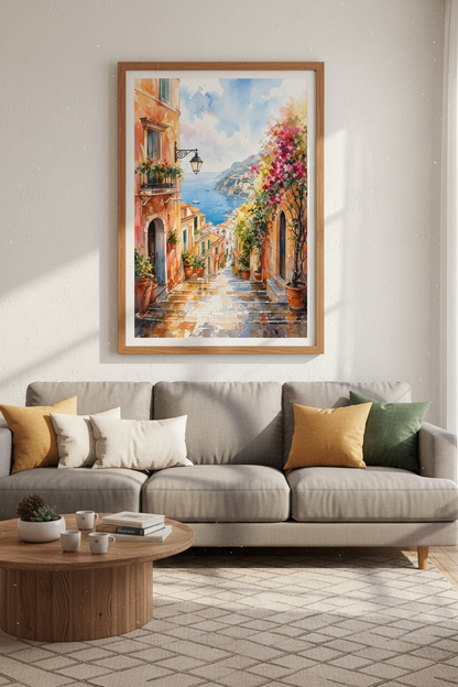 Amalfi Coast Italy Watercolor Art | Mediterranean Coastal Decor | Sun-Kissed Travel Poster