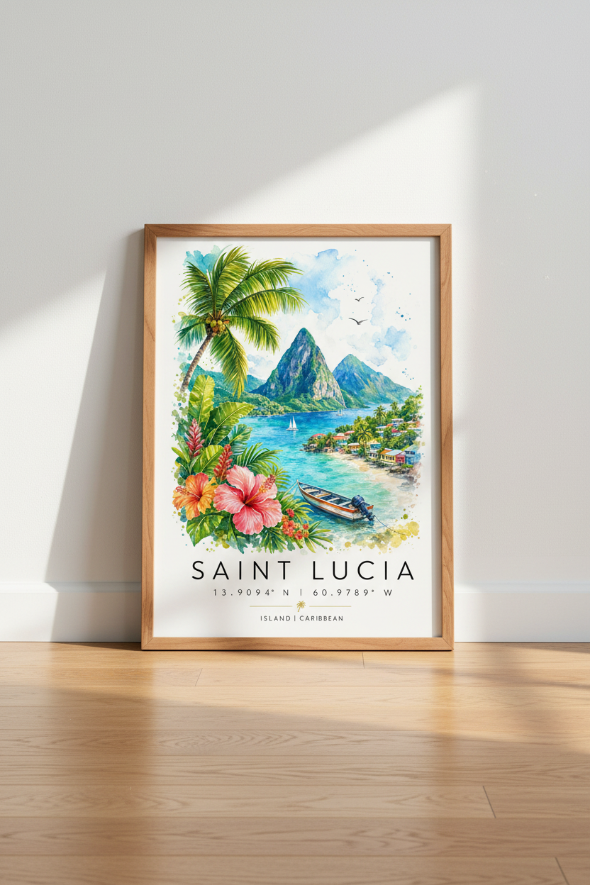 Saint Lucia Watercolor Travel Poster | Tropical Island Wall Art | Coastal Beach Decor