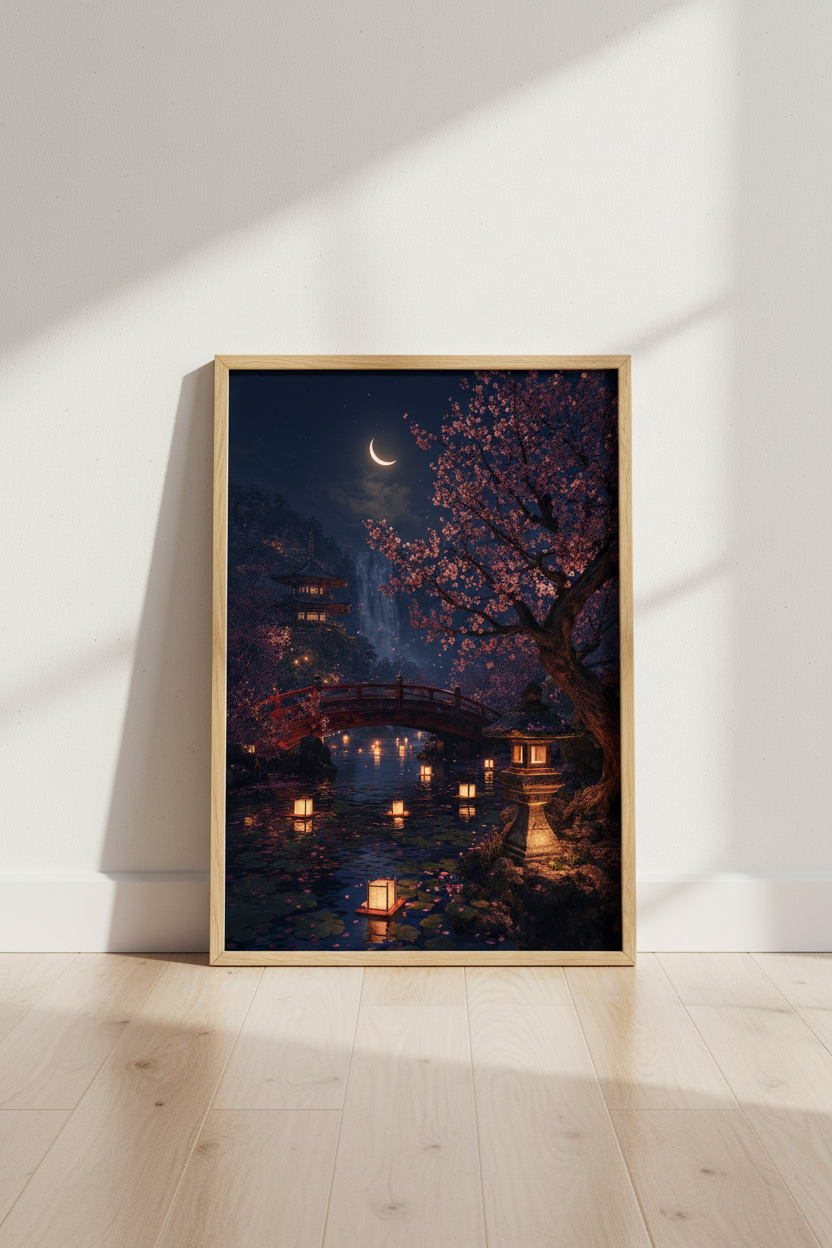Japanese Garden Lanterns Wall Art | Cherry Blossom Night Decor | Zen Landscape Poster