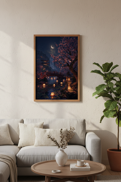 Japanese Garden Lanterns Wall Art | Cherry Blossom Night Decor | Zen Landscape Poster