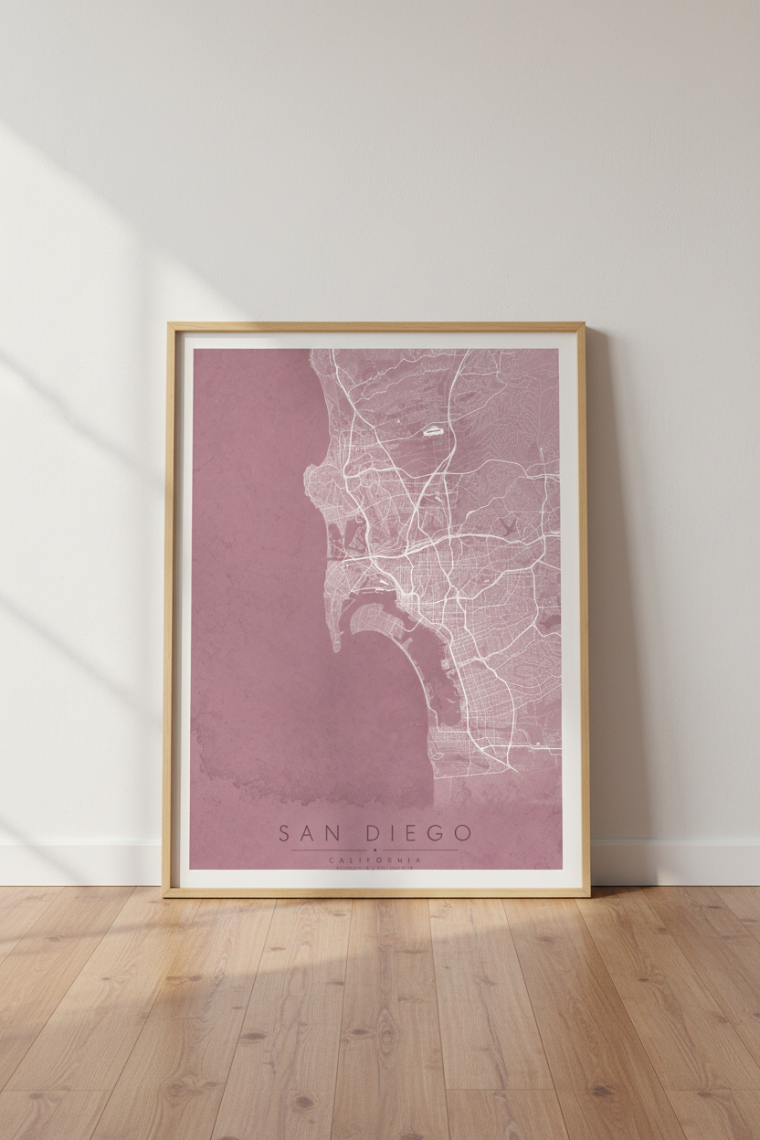 San Diego Map Wall Art | Dusty Rose California City Poster | Minimalist Boho Decor