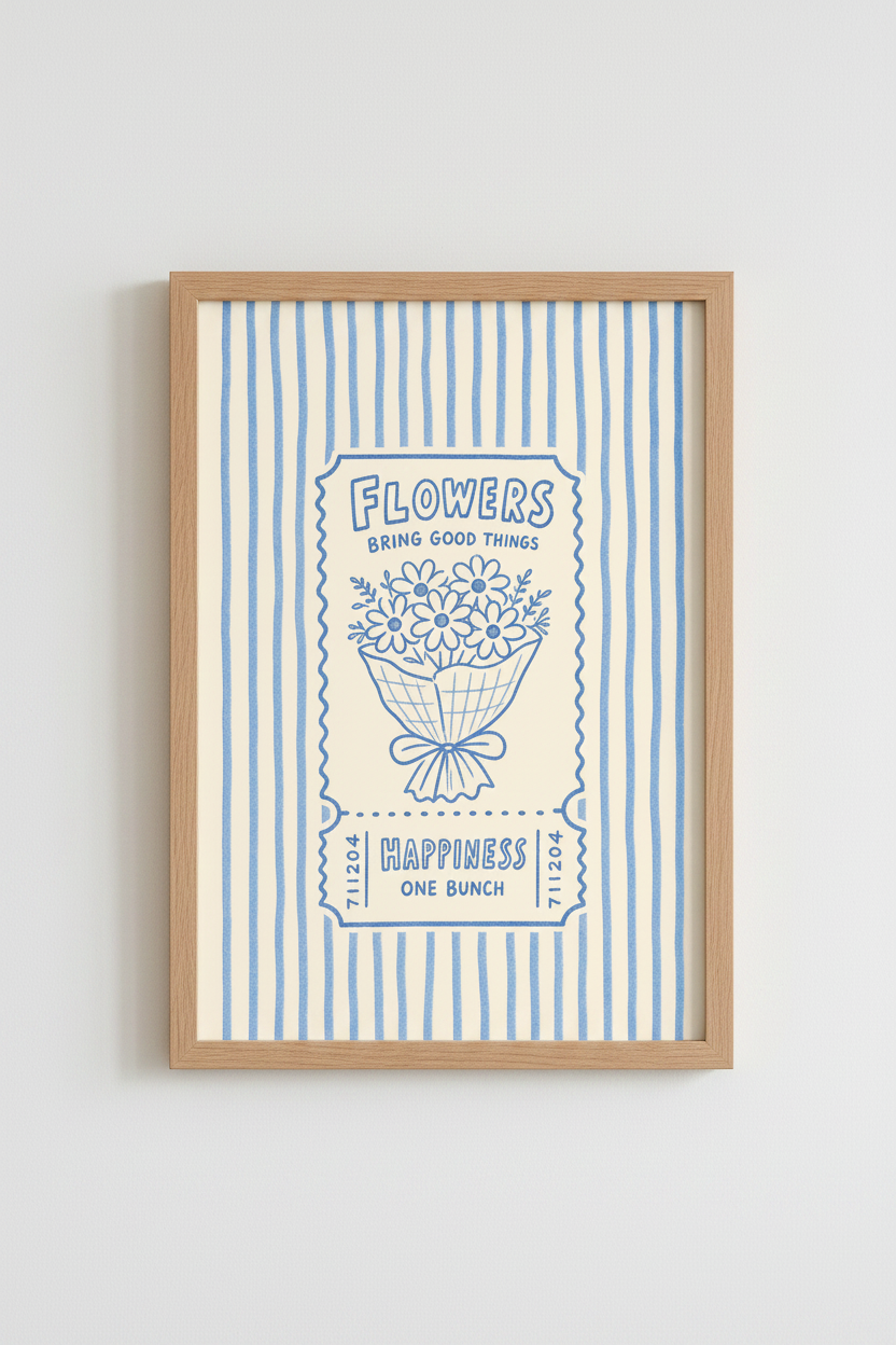 Line art poster | Blue on Beige, Retro Ticket Decor for Living Room