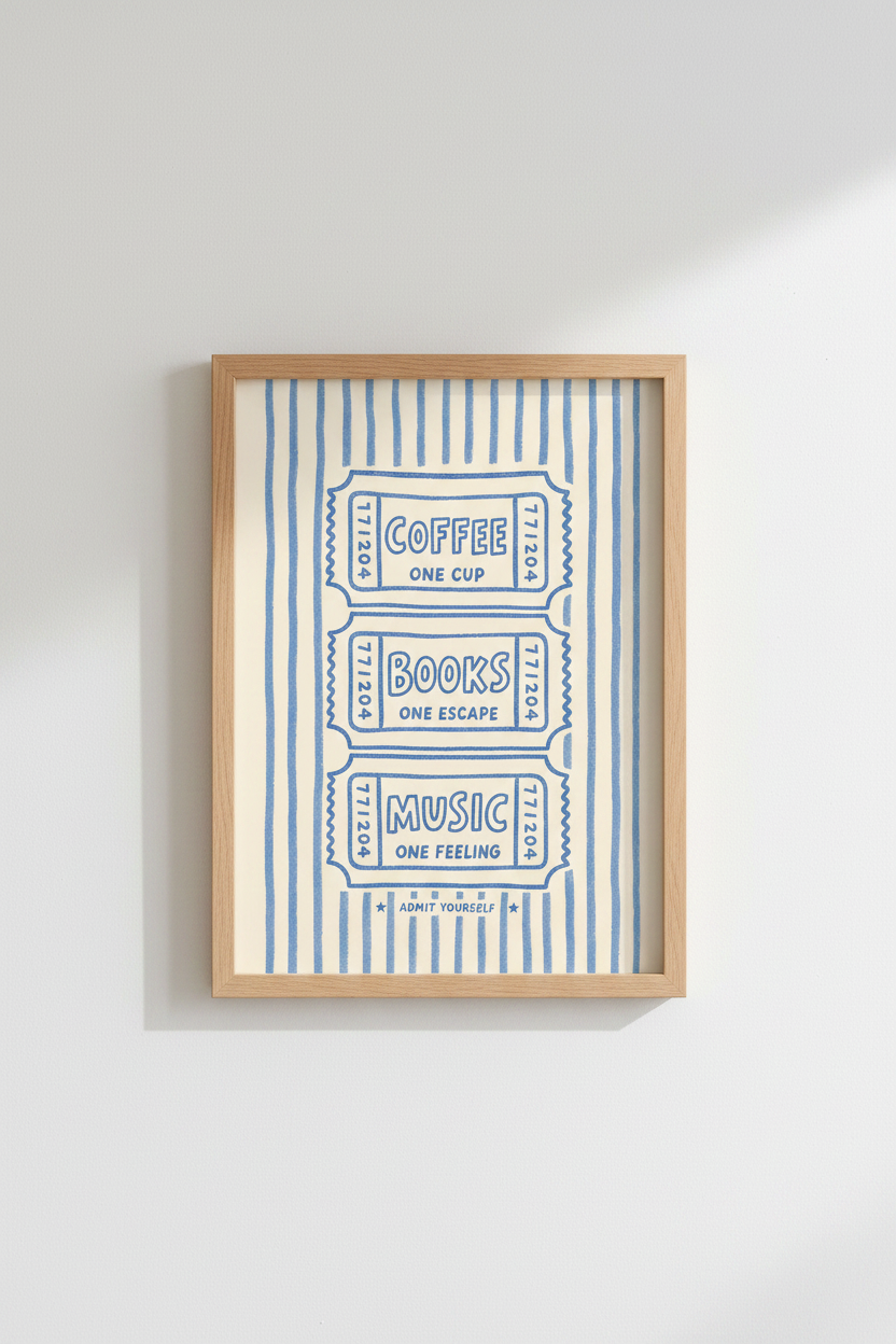 Line art poster | Blue on Beige, Retro Ticket Decor for Living Room