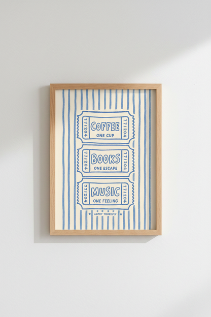 Line art poster | Blue on Beige, Retro Ticket Decor for Living Room
