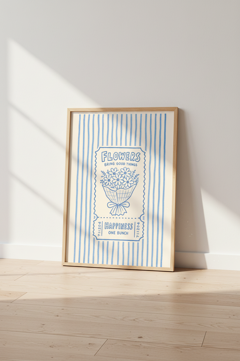 Line art poster | Blue on Beige, Retro Ticket Decor for Living Room