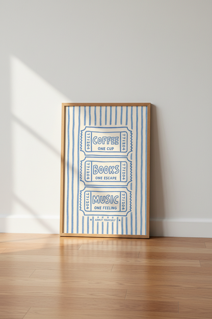 Line art poster | Blue on Beige, Retro Ticket Decor for Living Room