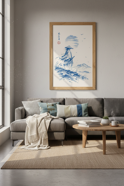 Samurai Warrior Wall Art | Blue Ink Sketch, Japanese Zen Decor Poster