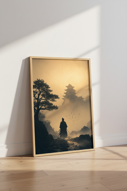 Samurai Pagoda Wall Art | Golden Japanese Landscape Print, Zen Office Decor