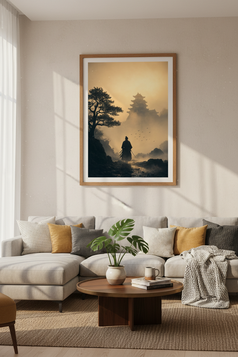 Samurai Pagoda Wall Art | Golden Japanese Landscape Print, Zen Office Decor