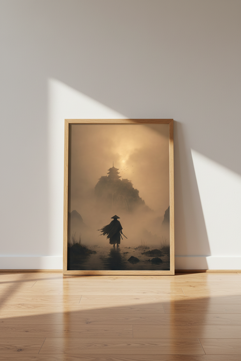 Samurai Warrior Art Print | Misty Pagoda Japanese Wall Decor | Sepia Zen Poster