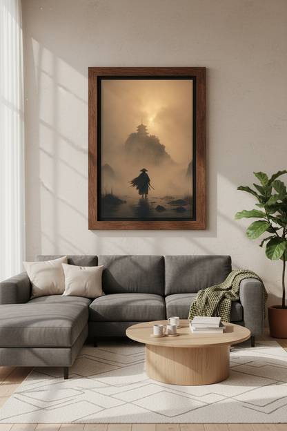 Samurai Warrior Art Print | Misty Pagoda Japanese Wall Decor | Sepia Zen Poster