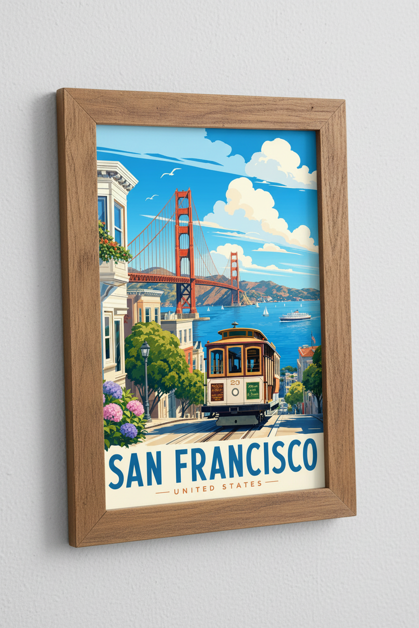 San Francisco Travel Poster | Golden Gate Bridge &amp; Cable Car Wall Art | California Decor