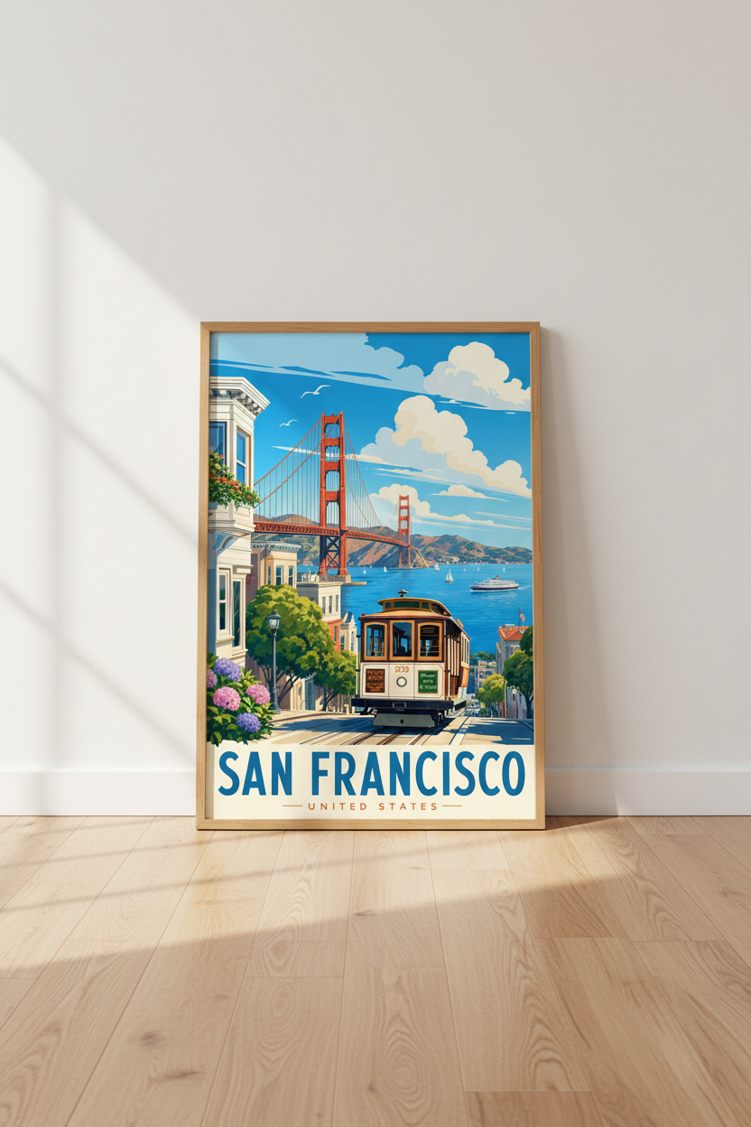 San Francisco Travel Poster | Golden Gate Bridge &amp; Cable Car Wall Art | California Decor