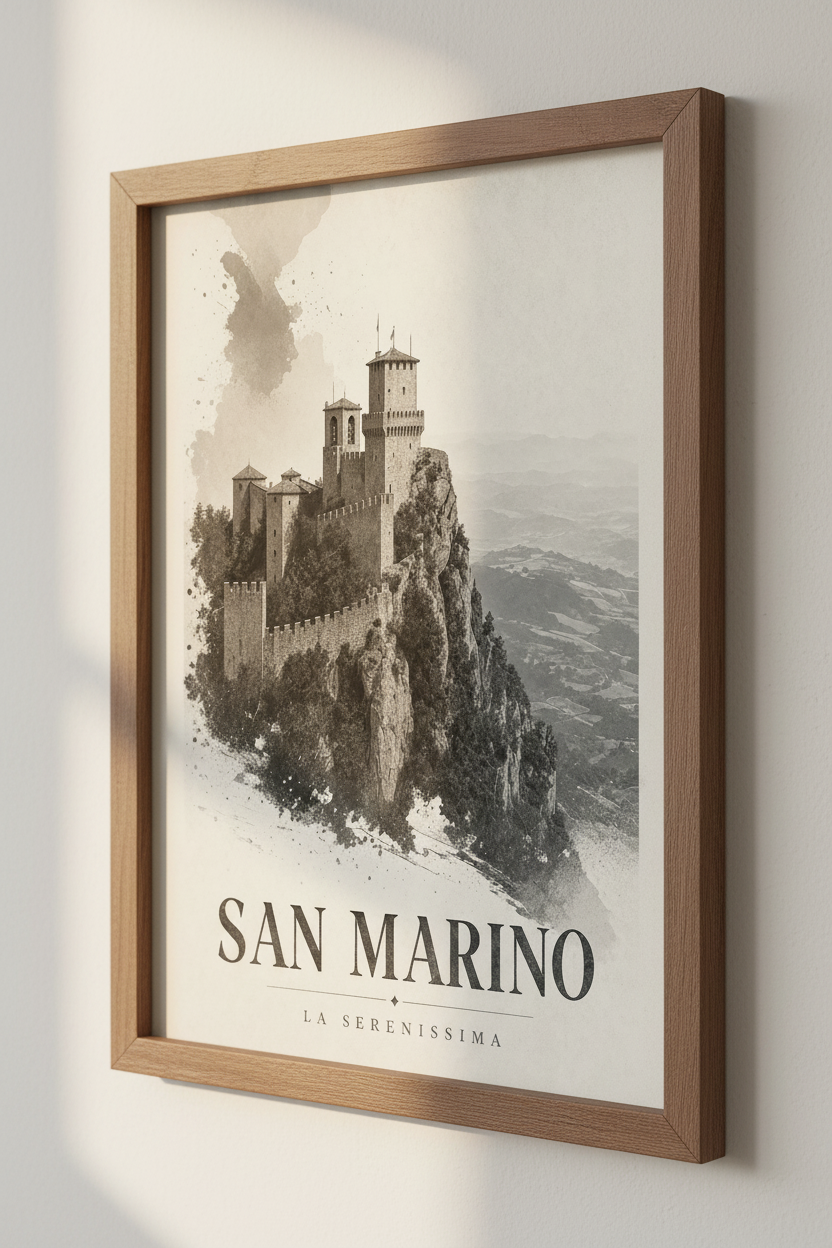 San Marino Castle | Vintage Monochrome Travel Poster, Medieval Architecture Decor