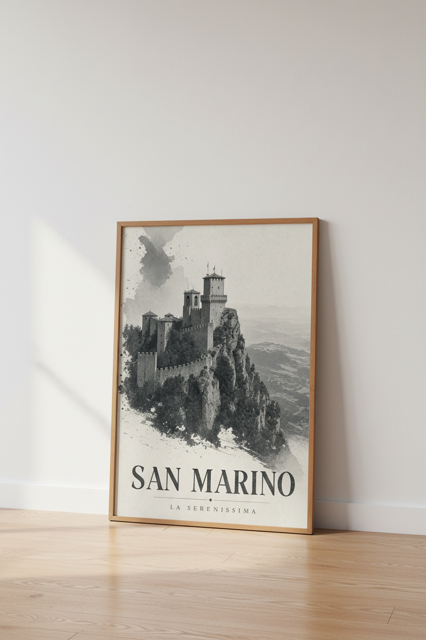 San Marino Castle | Vintage Monochrome Travel Poster, Medieval Architecture Decor