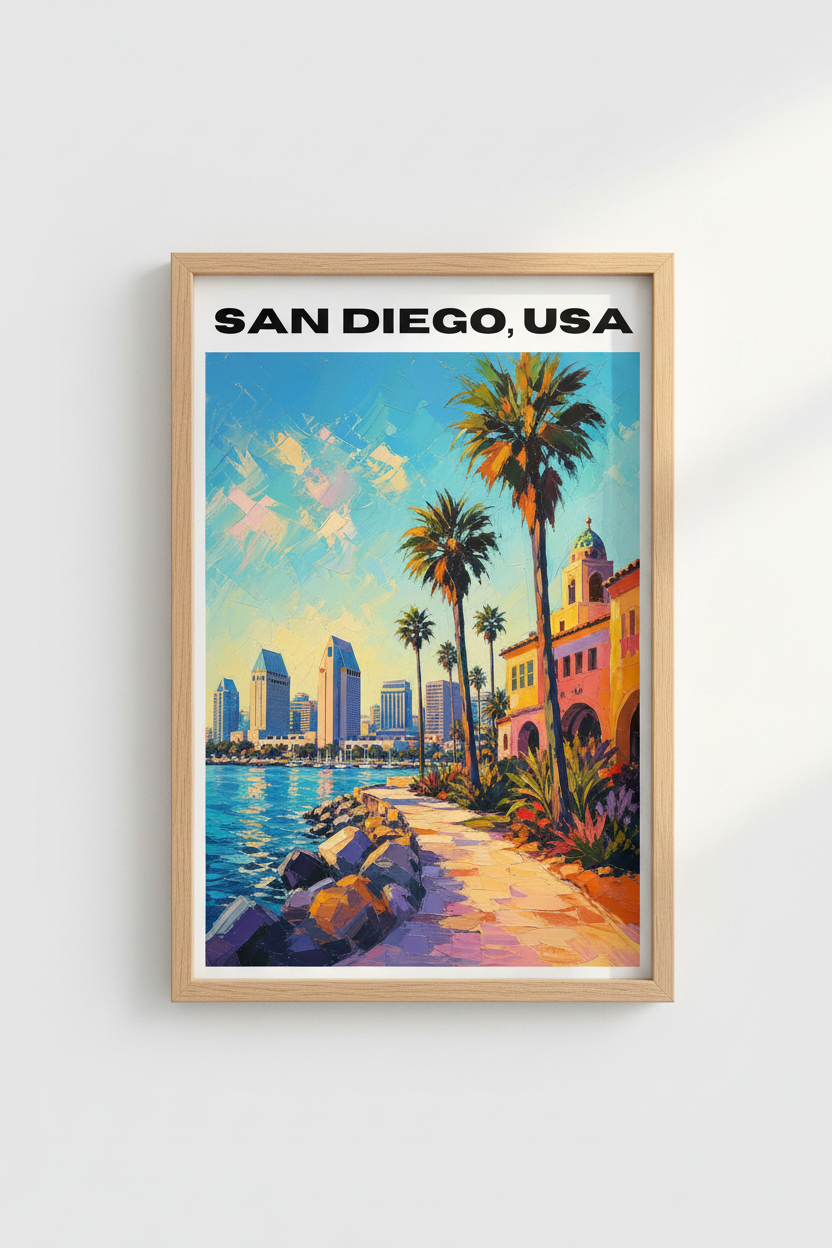 San Diego Travel Poster | Colorful California Cityscape, Impressionist Coastal Decor