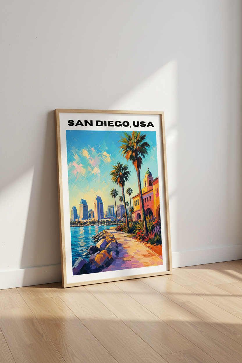 San Diego Travel Poster | Colorful California Cityscape, Impressionist Coastal Decor