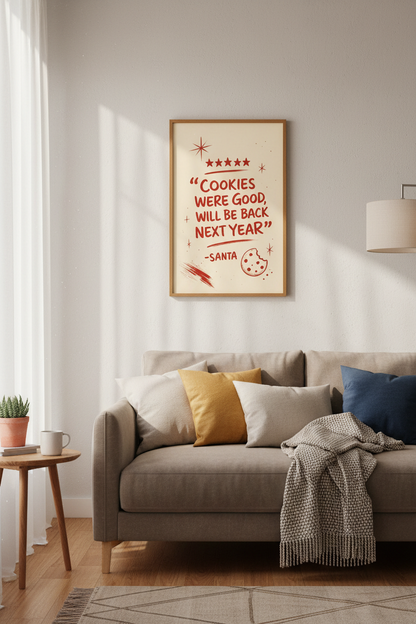 Santa Cookie Review Wall Art | Retro Red Holiday Poster, Kitchen Decor
