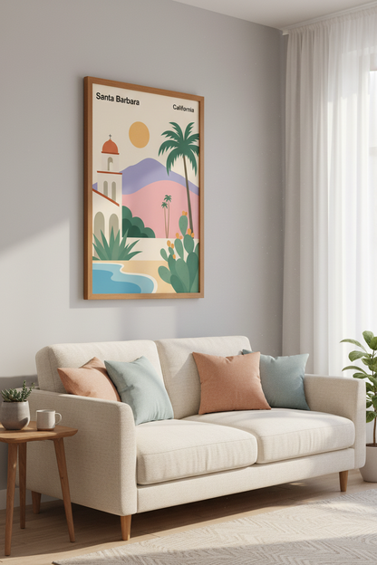 Santa Barbara California Wall Art | Coastal Mission Decor | Pastel Travel Poster