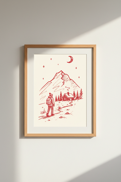Hiking Wall Art Print | Red Sketch Mountain Poster, Adventure Cabin Decor