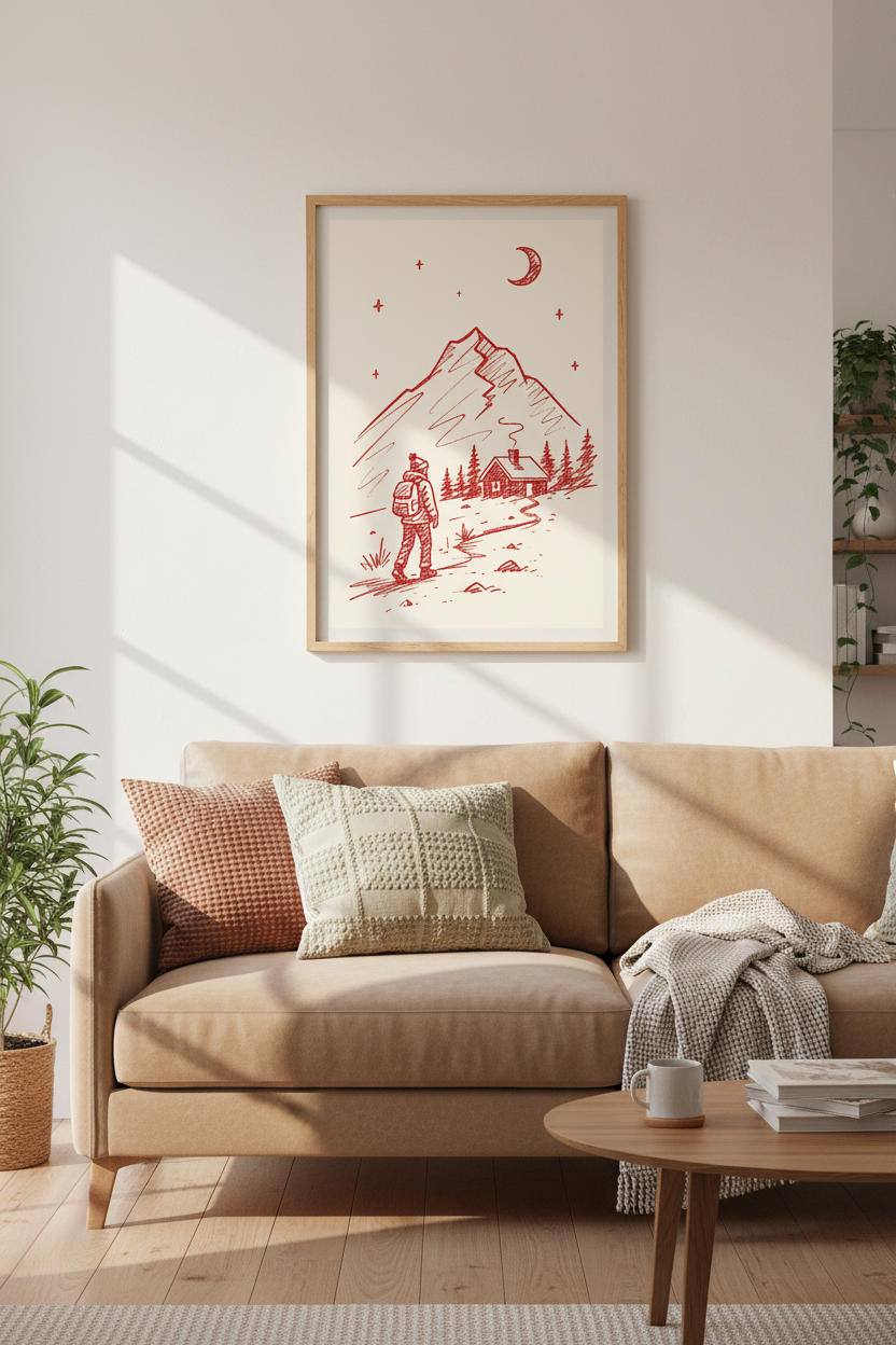 Hiking Wall Art Print | Red Sketch Mountain Poster, Adventure Cabin Decor