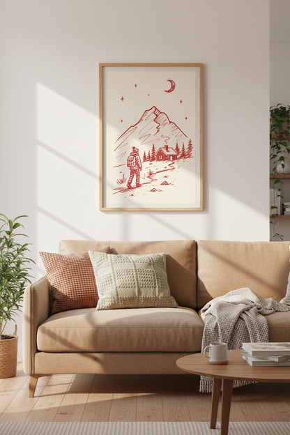 Hiking Wall Art Print | Red Sketch Mountain Poster, Adventure Cabin Decor