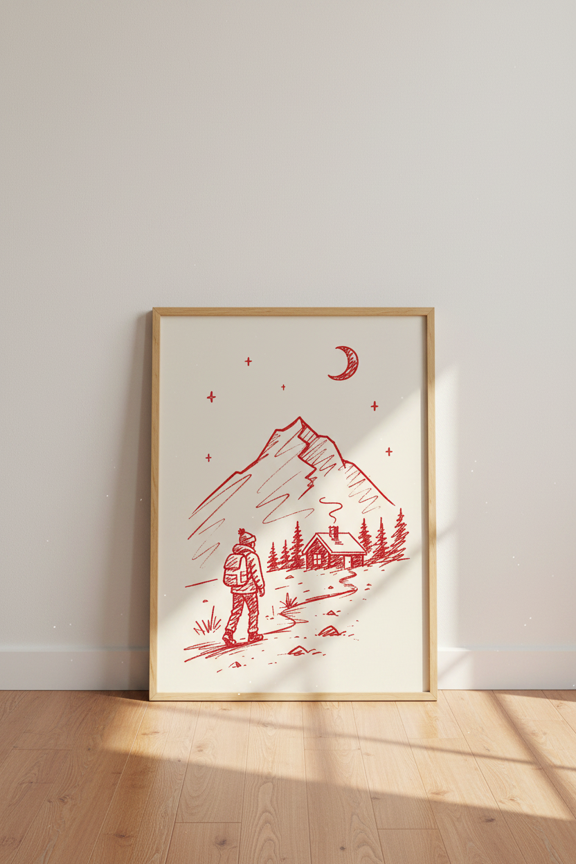 Hiking Wall Art Print | Red Sketch Mountain Poster, Adventure Cabin Decor