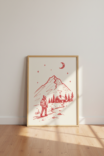 Hiking Wall Art Print | Red Sketch Mountain Poster, Adventure Cabin Decor