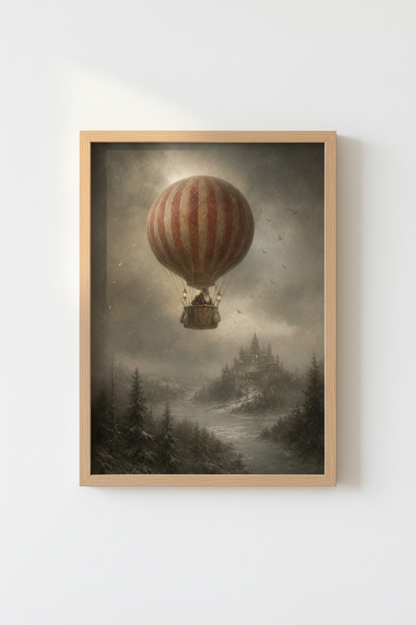 Vintage Hot Air Balloon &amp; Castle Wall Art | Winter Fantasy | Dark Academia Poster
