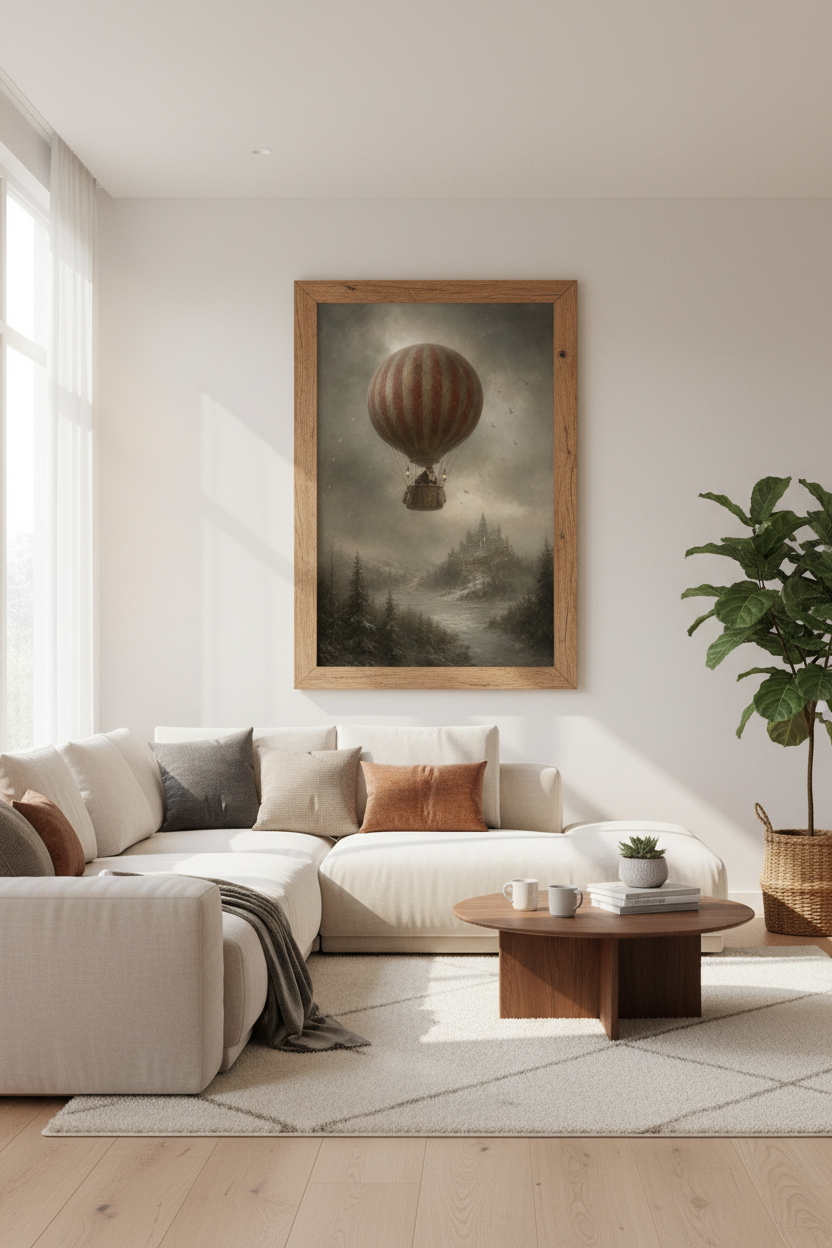 Vintage Hot Air Balloon &amp; Castle Wall Art | Winter Fantasy | Dark Academia Poster